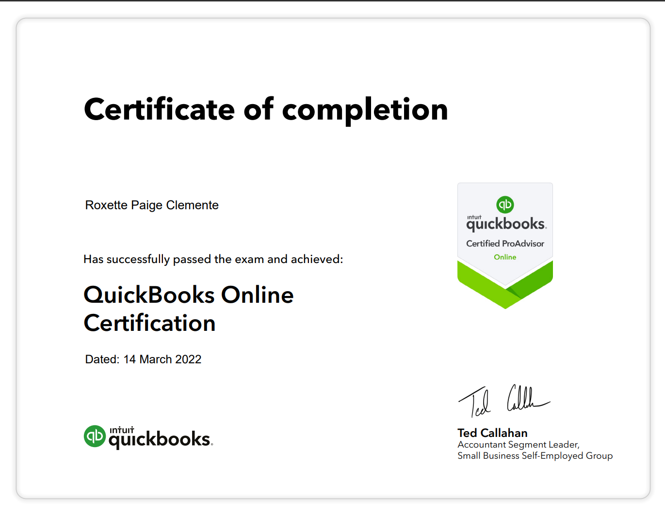 QuickBooks Certified ProAdvisor