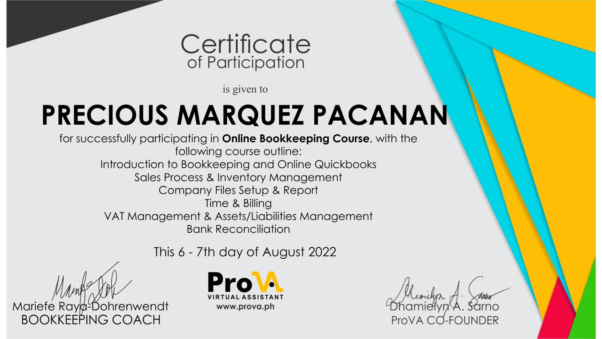 Bookkeeping Certificate