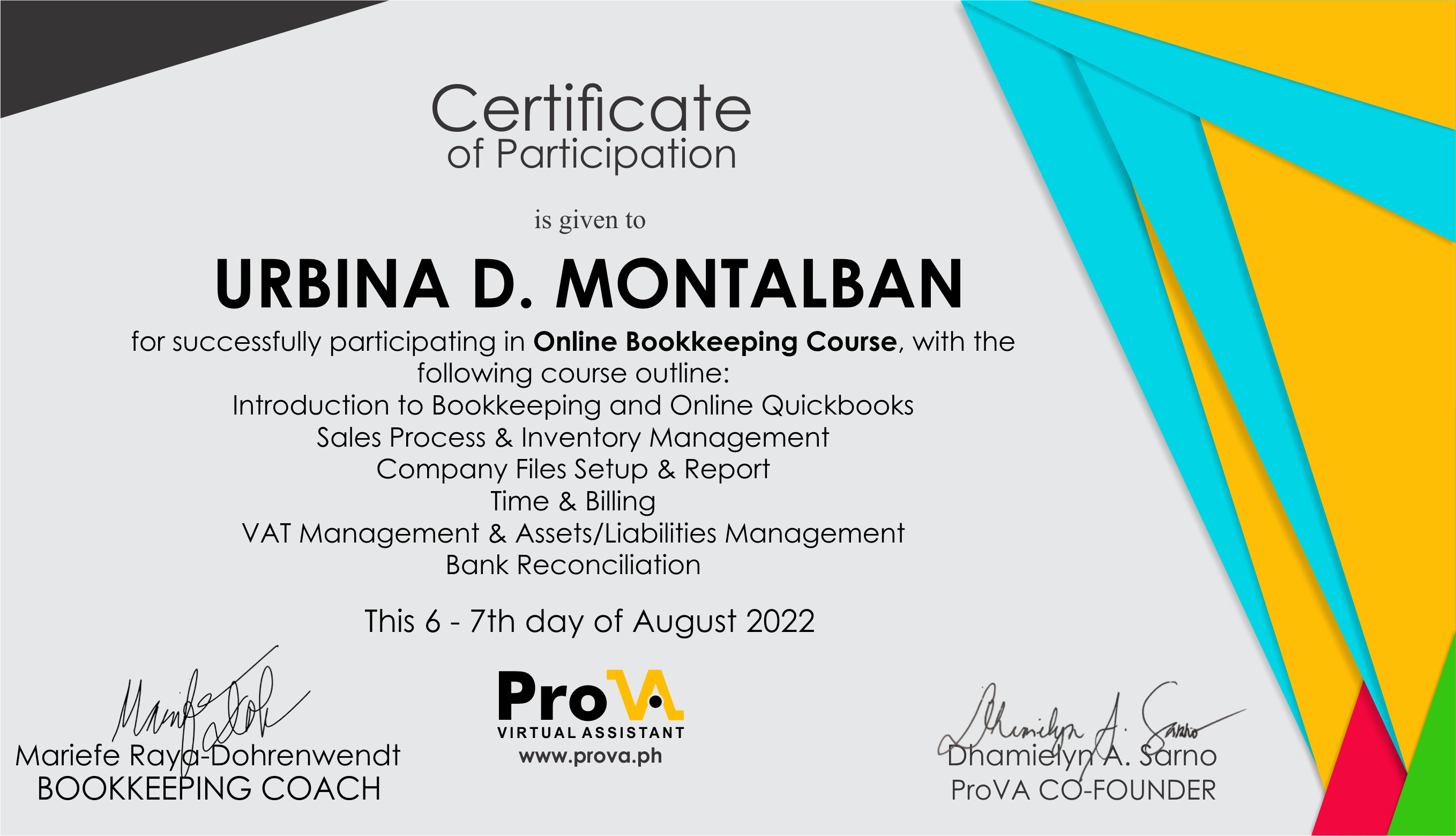 Bookkeeping Certificate