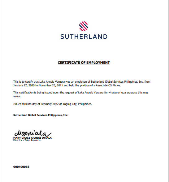 CERTIFICATE OF EMPLOYMENT