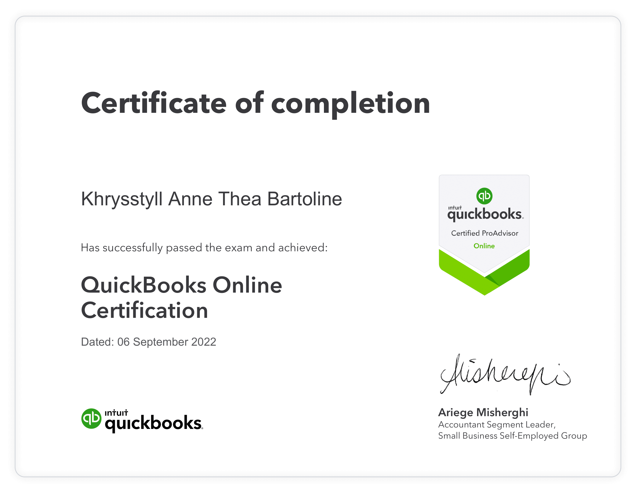 Quickbooks Online Certified ProAdvisor