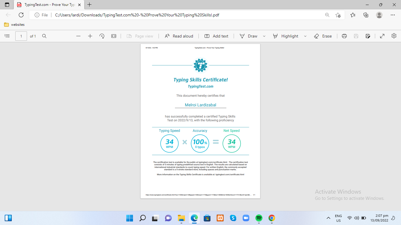 Typing Test Certificate