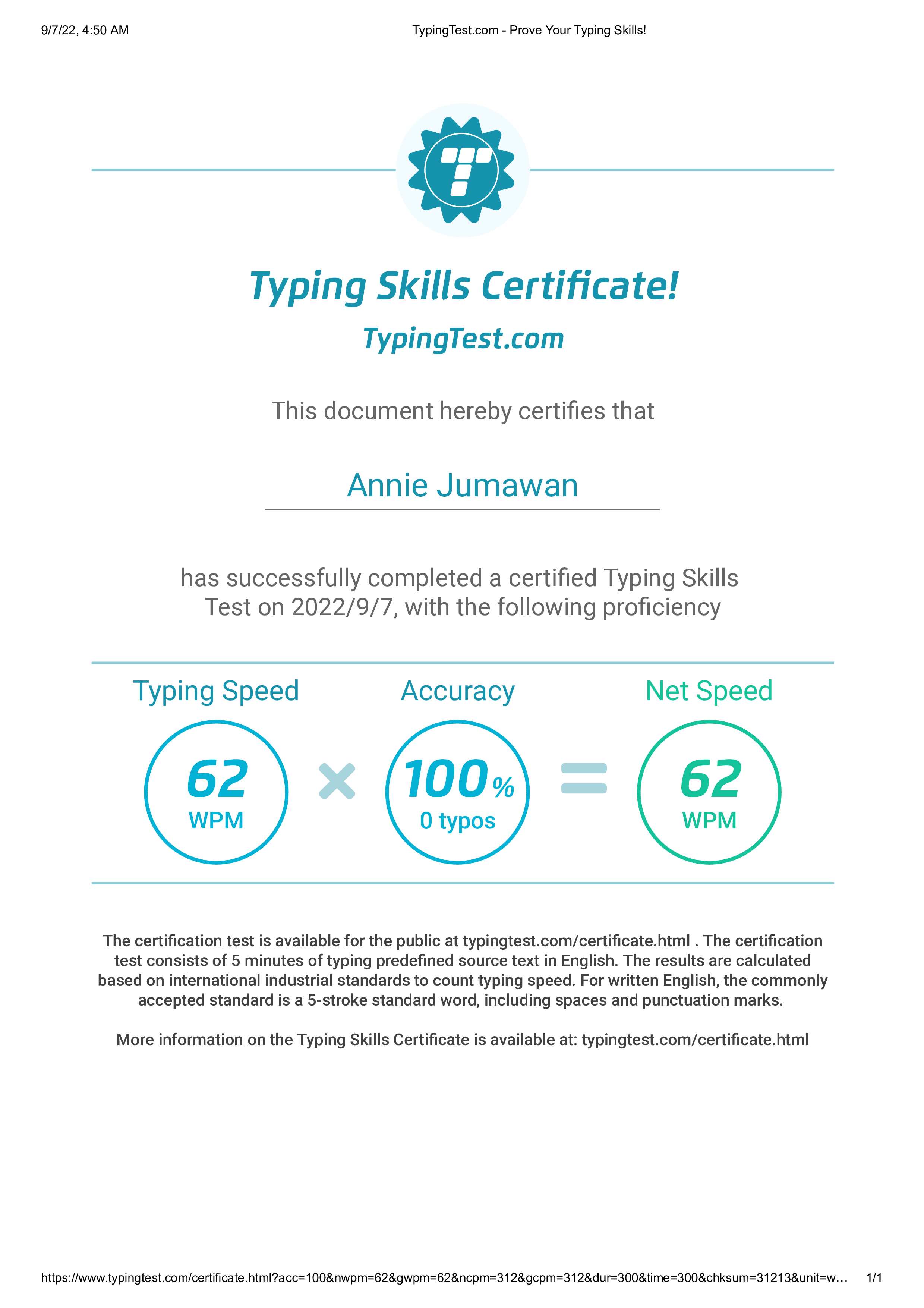 Typing Test Certificate