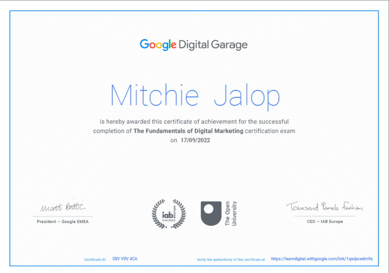 The Fundamentals of Digital Marketing issued by Google Digital Garage