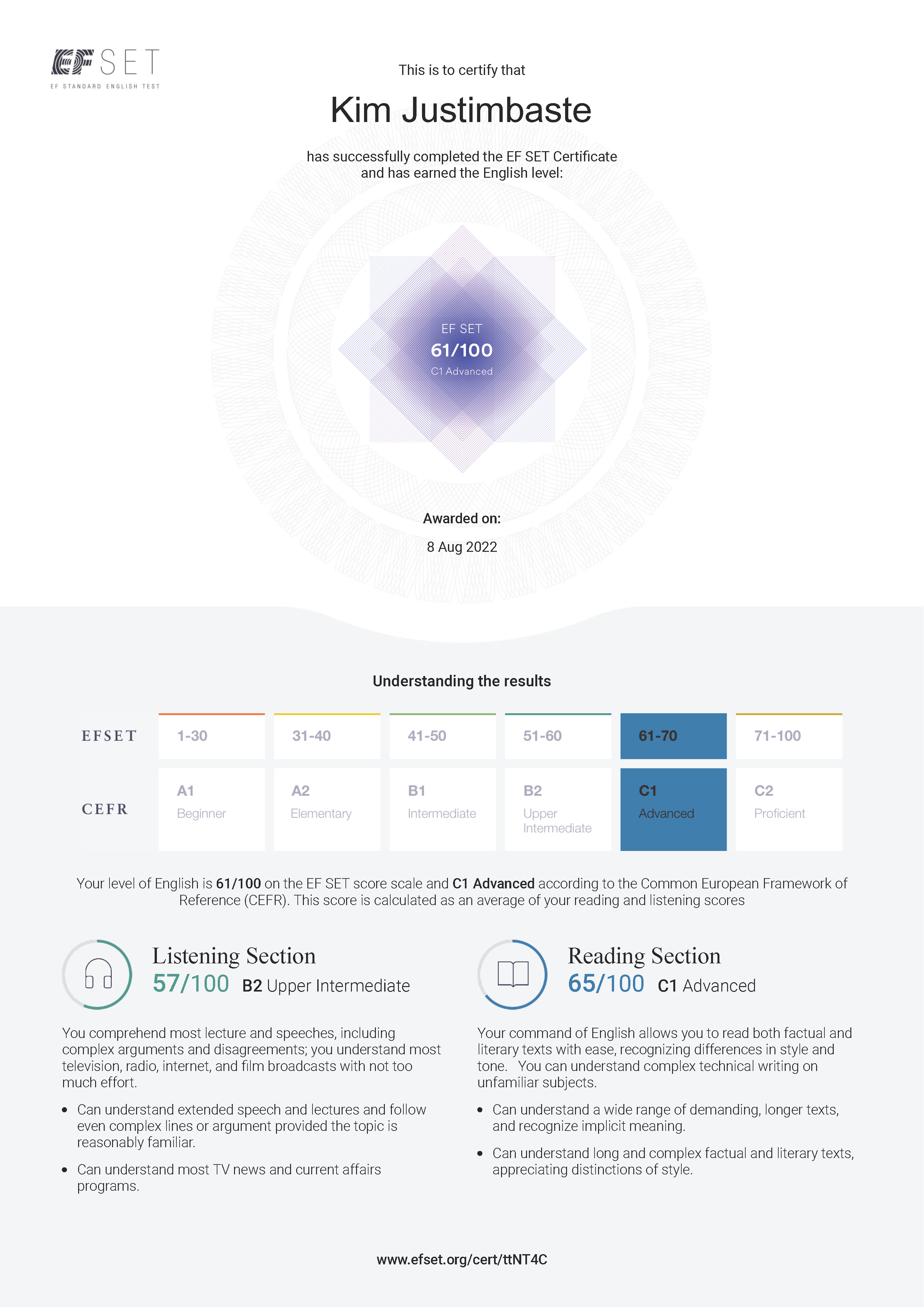 EFSET Certificate