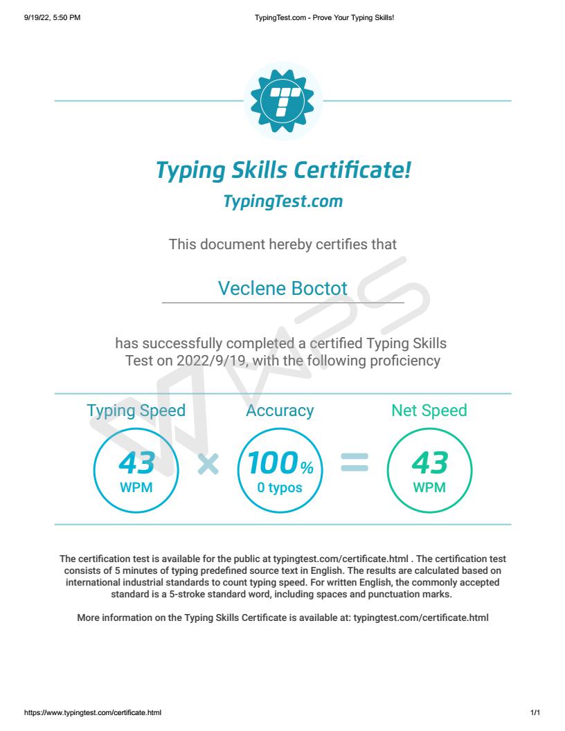 Typing test Certificate