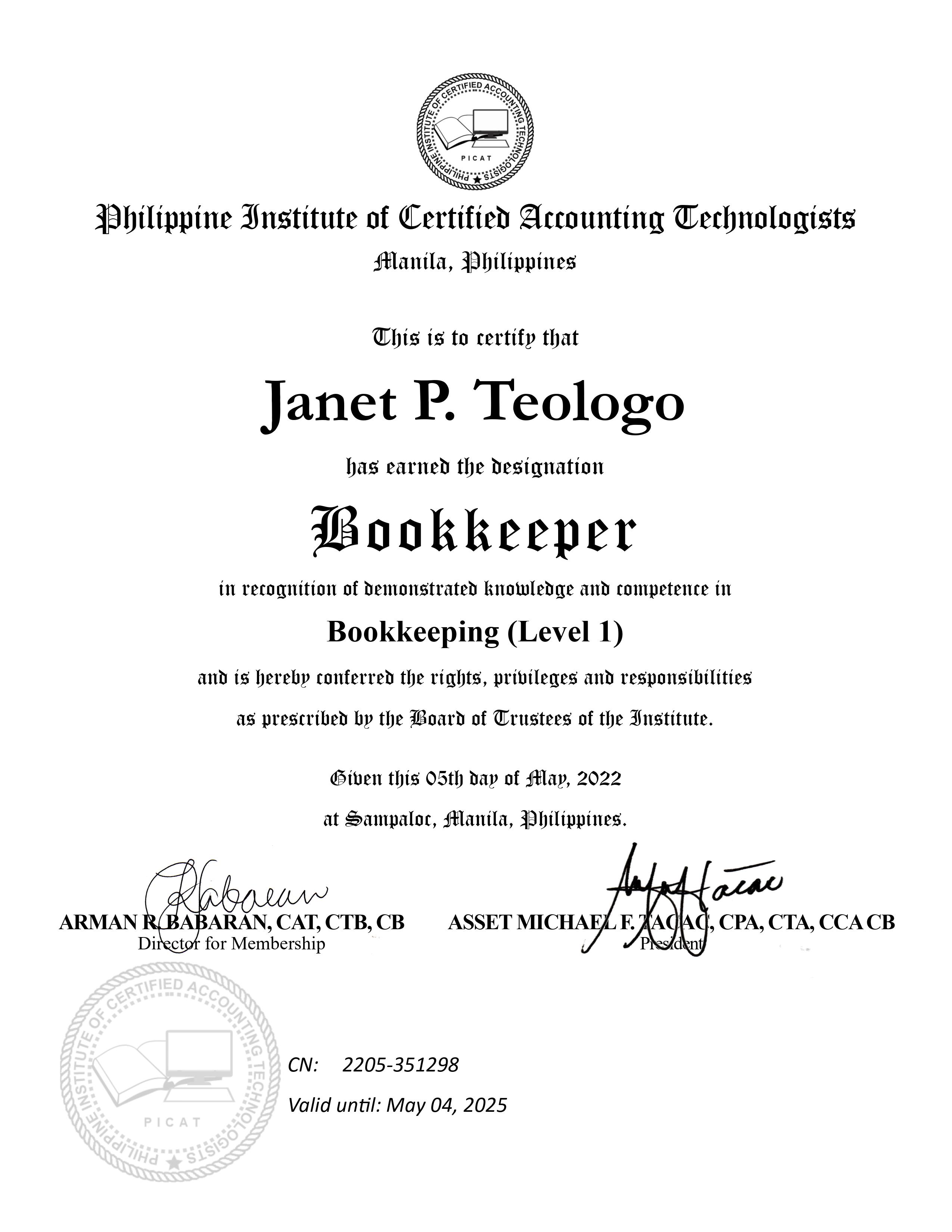 Certified Bookkeeper