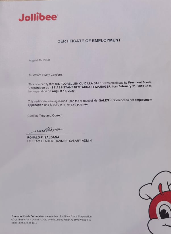 Certificate of Employment