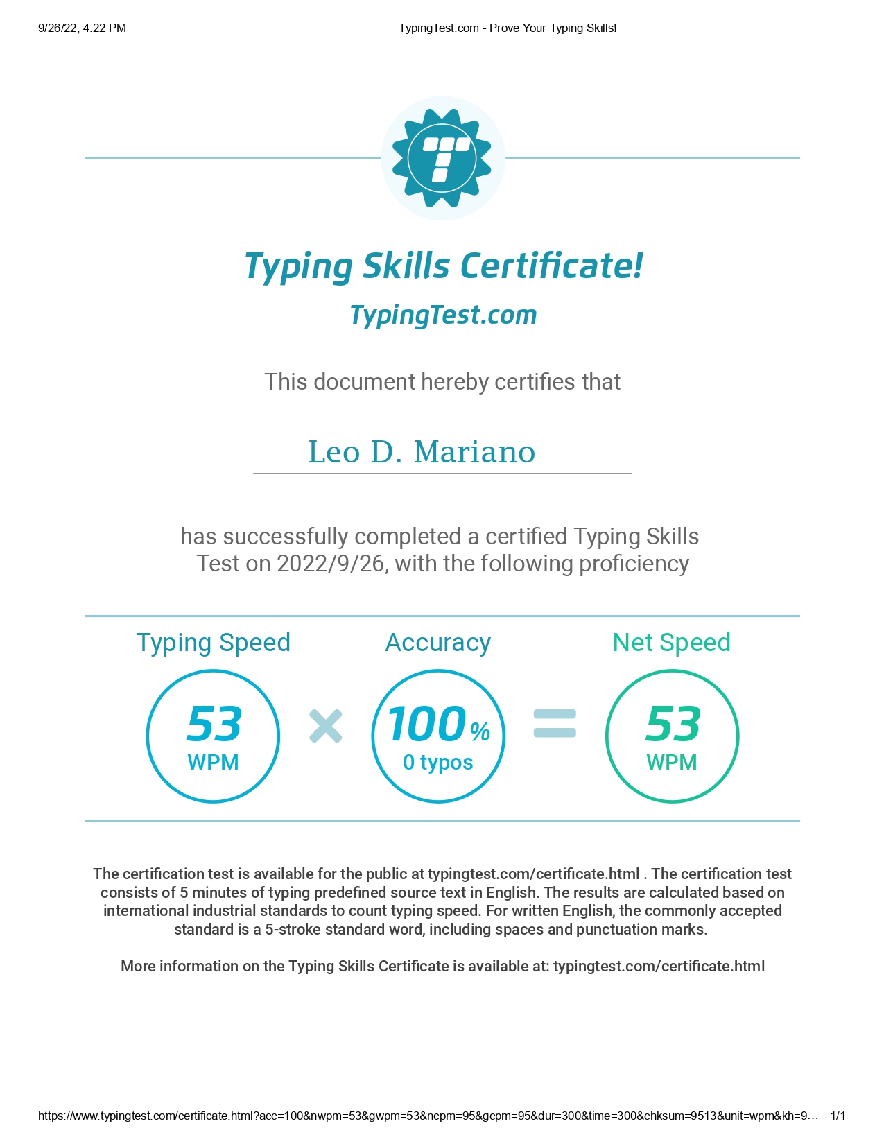 TYPING SKILLS TEST CERTIFICATE