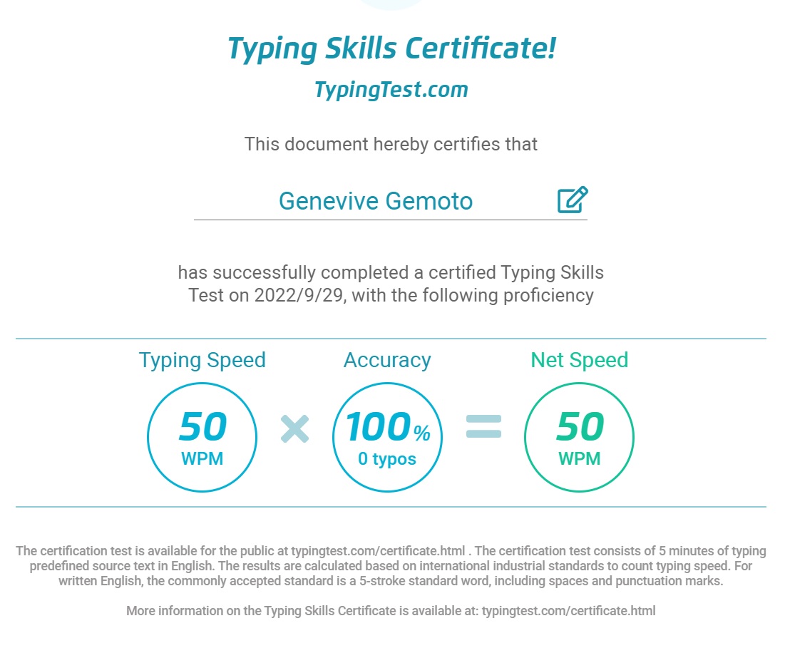 Typing Test Certificate