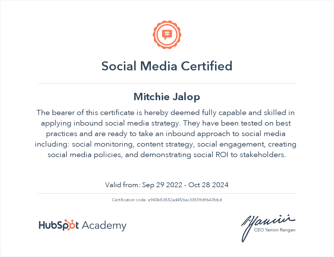 Social Media Certified from HubSpot Academy