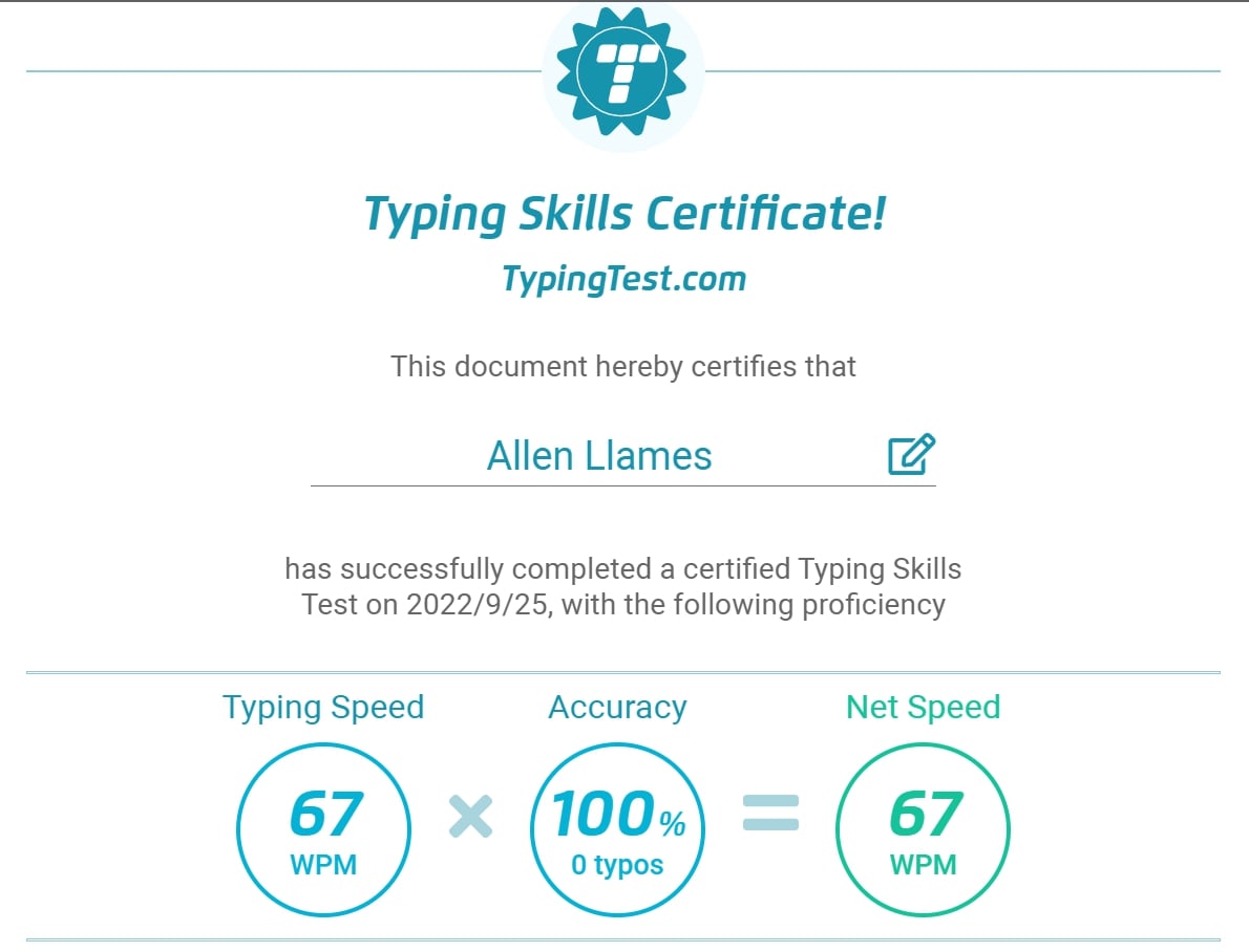 Typing Certificate