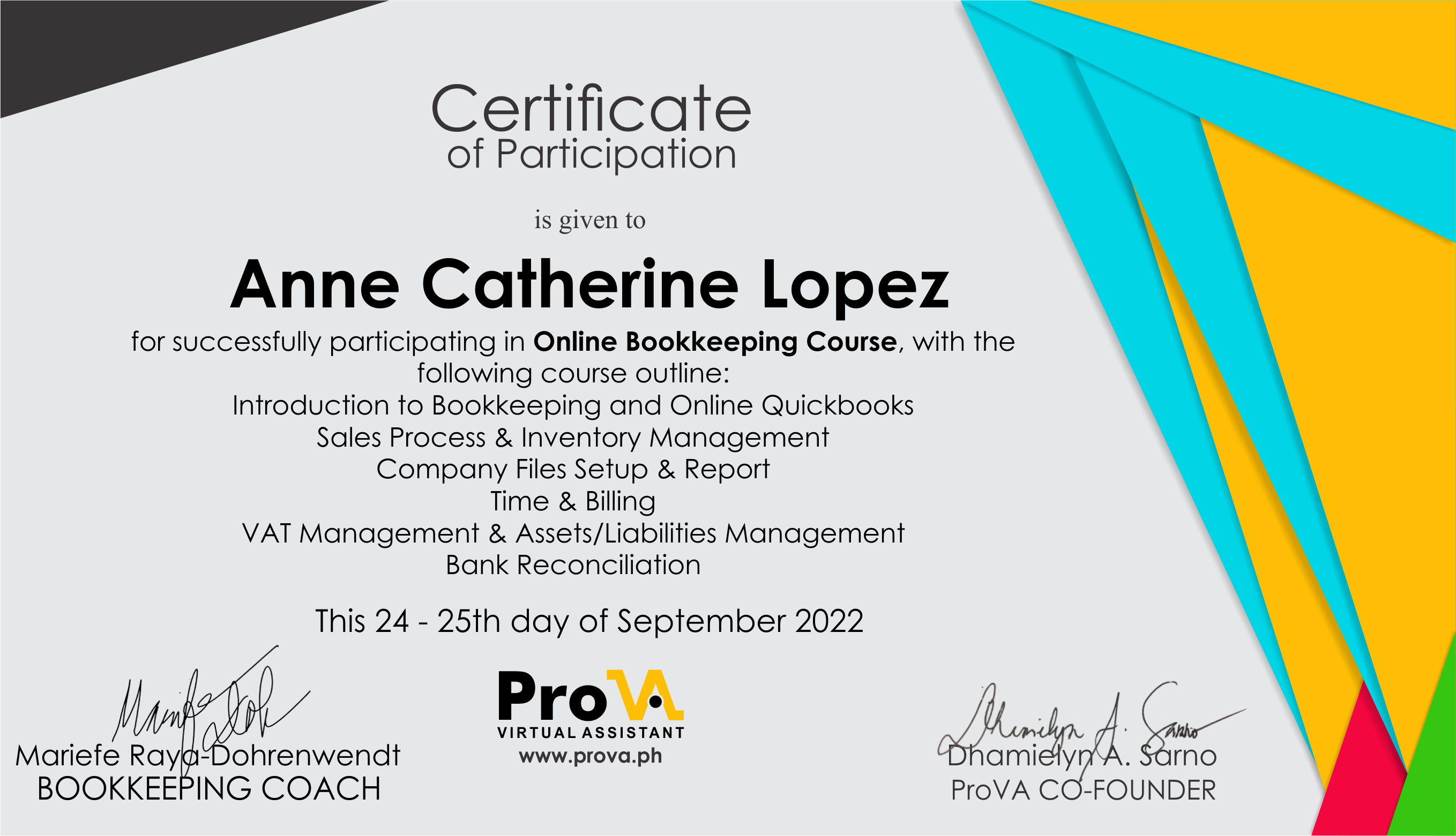 Bookkeeping Course Certificate