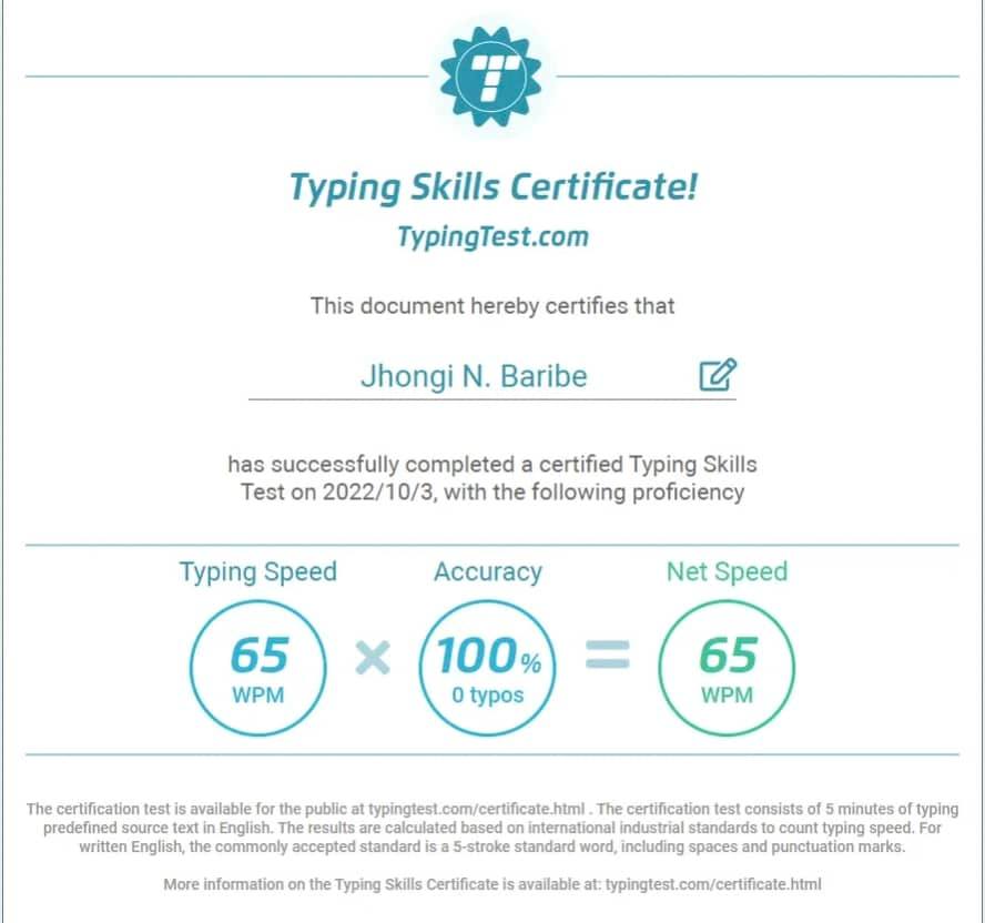 Typing Skills Certificate