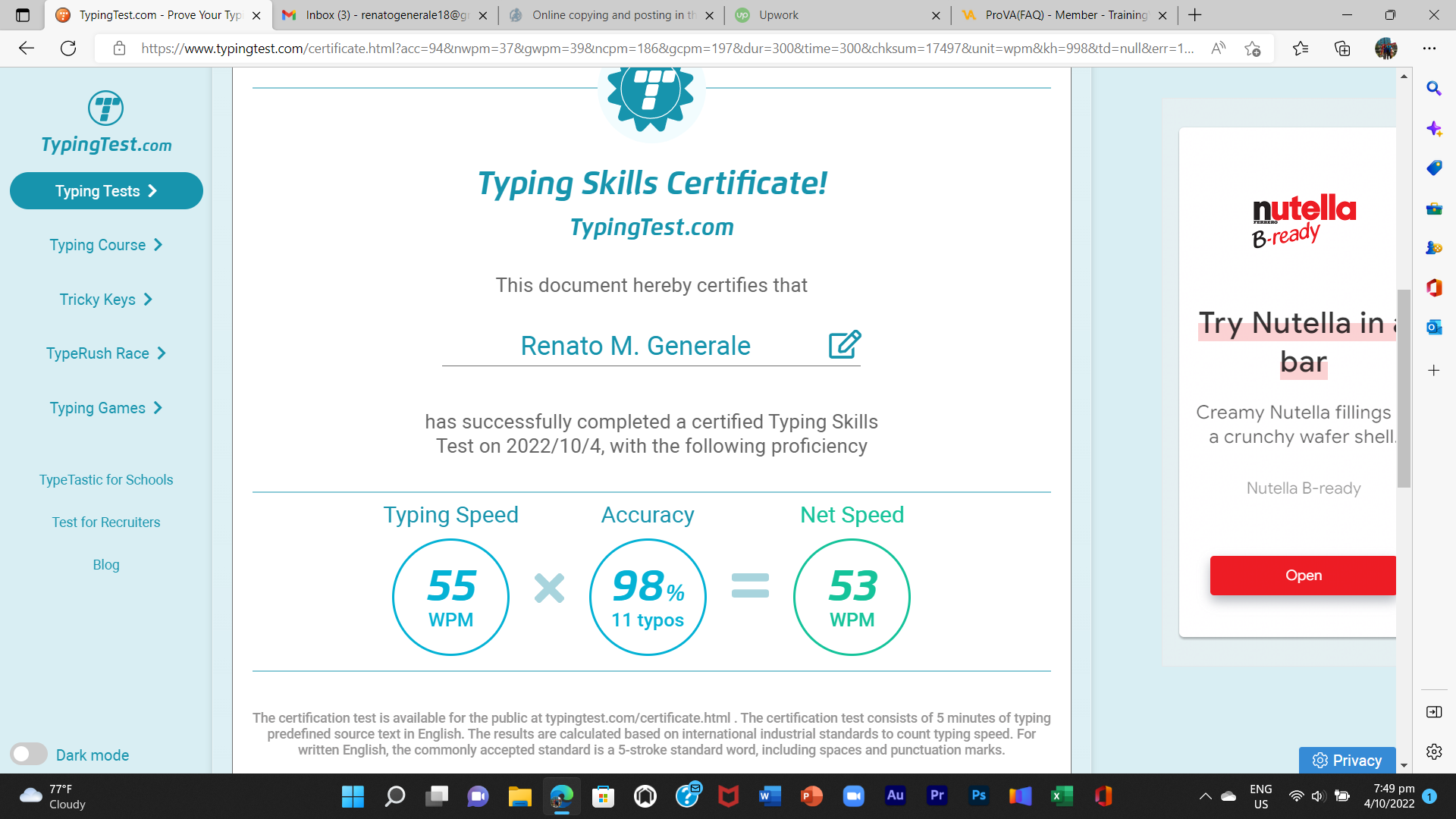 Typing Skills Certificate