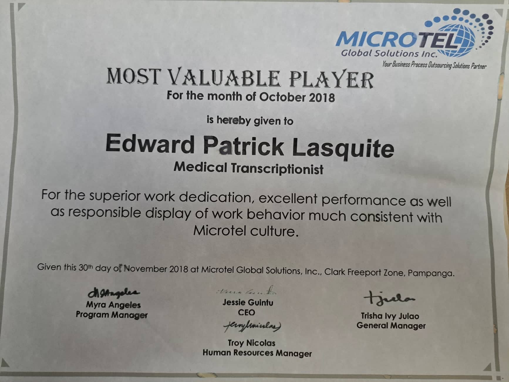 MVP Award  for the Month of October 2018