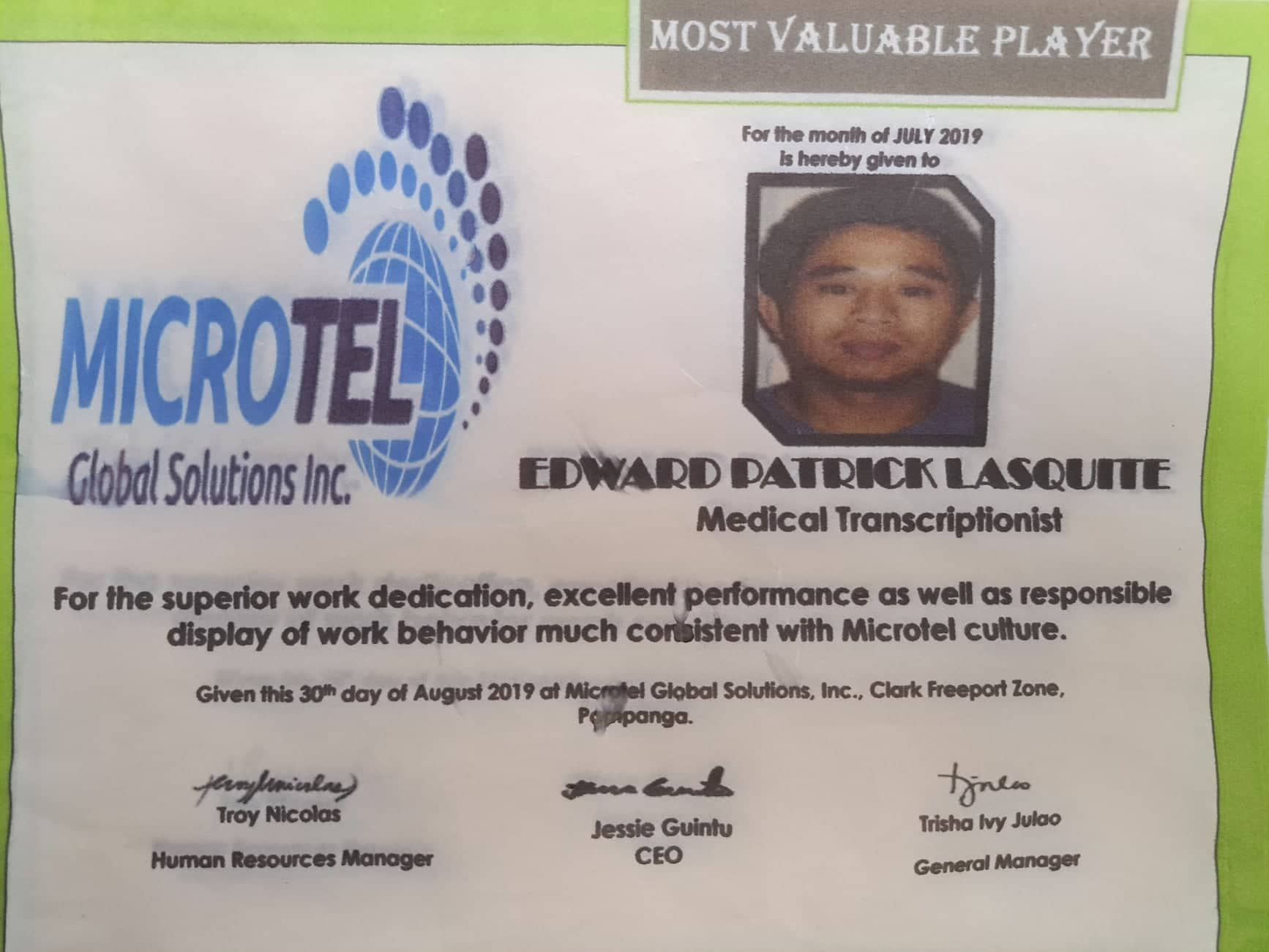 MVP Award  for the Month of July 2019