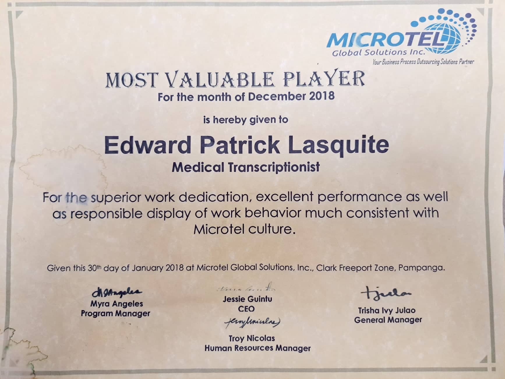 MVP Award  for the Month of December 2018