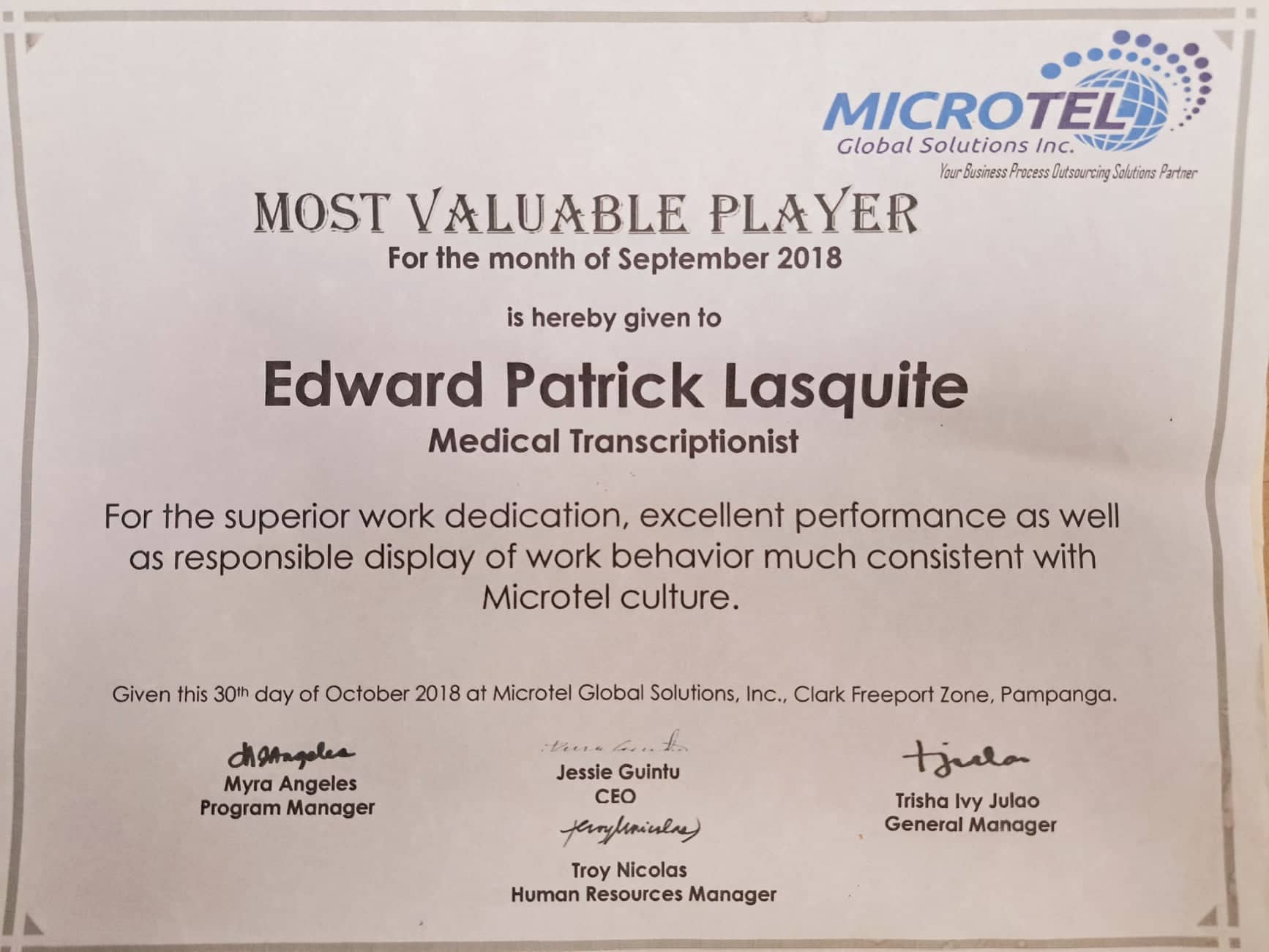 MVP Award  for the Month of September 2018