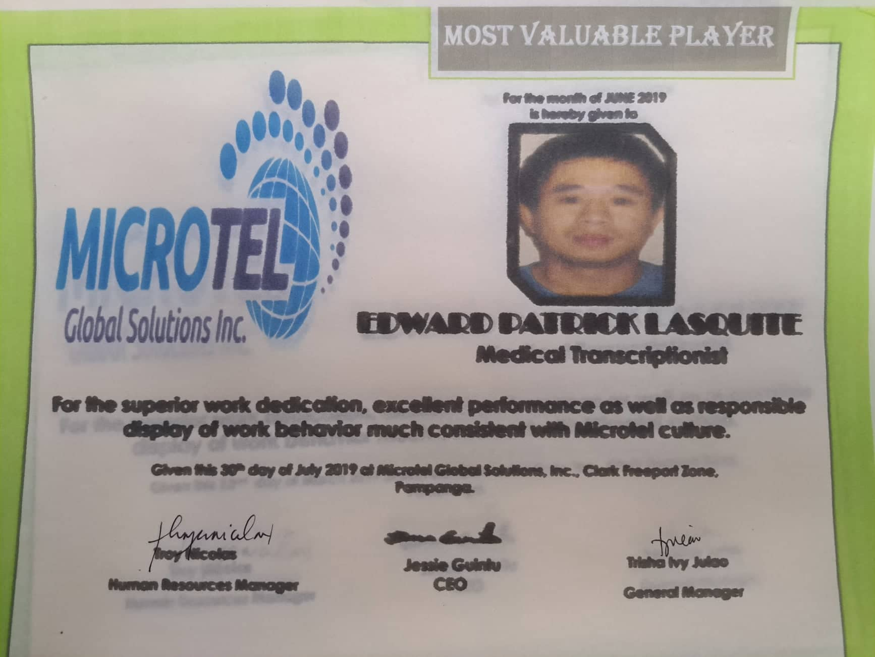 MVP Award  for the Month of June 2019