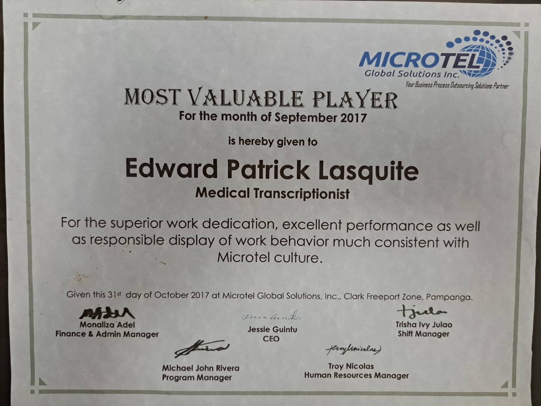 MVP Award for the Month of September 2017