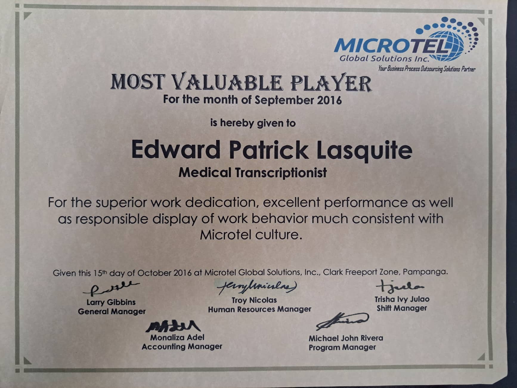 MVP Award for the Month of September 2016