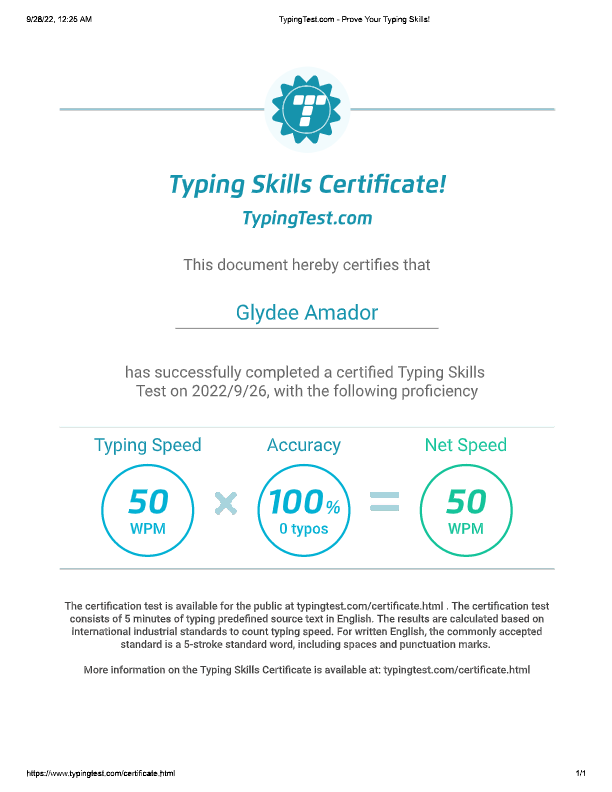 Typing Test Certificate