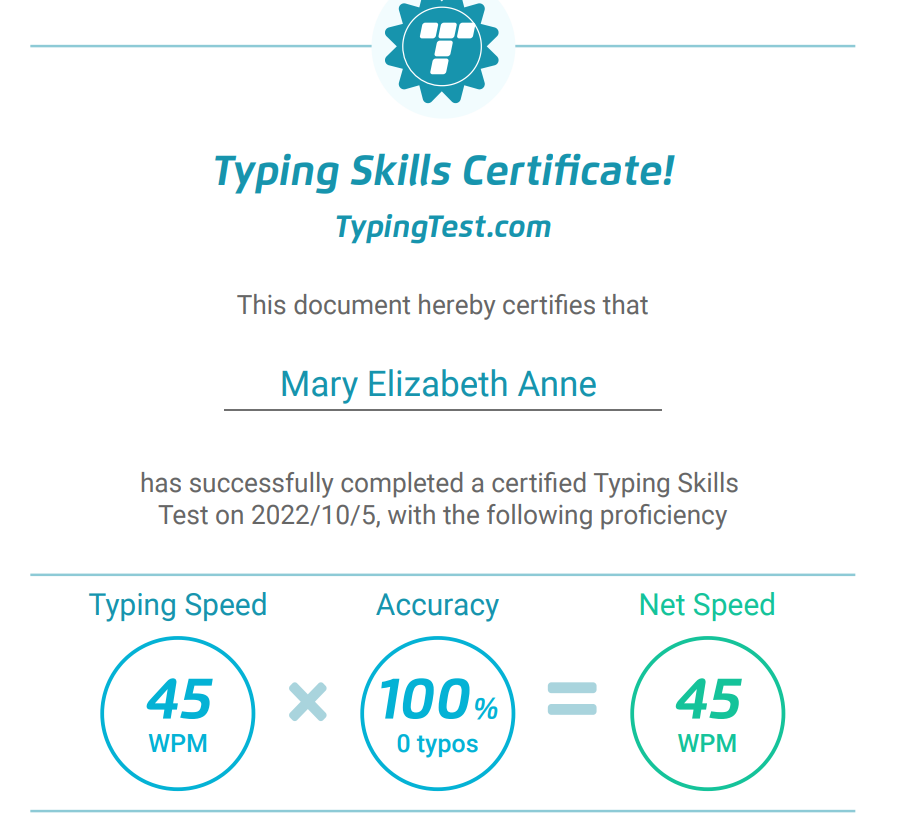 Typing Test Certificate