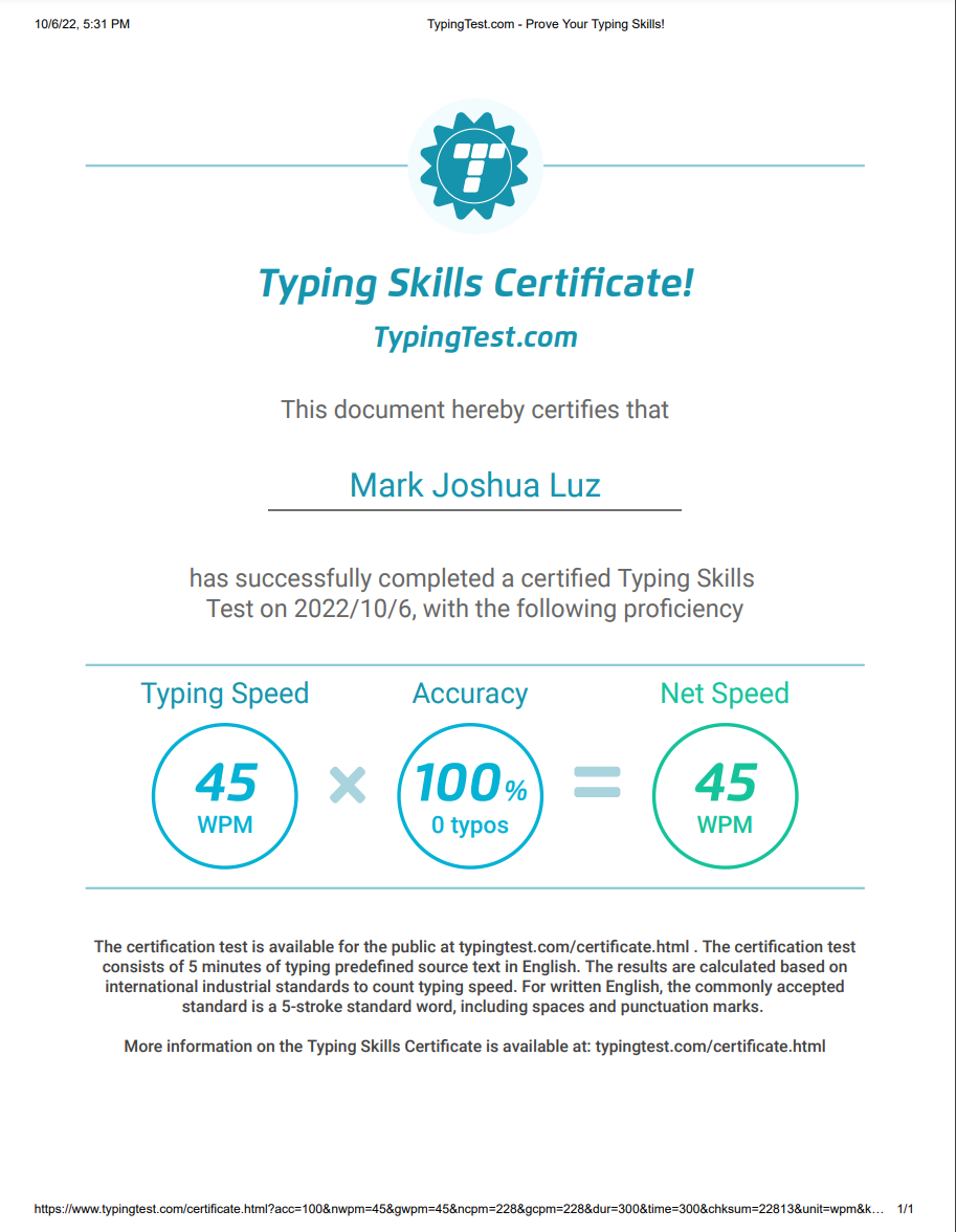 Typing Skills Certificate