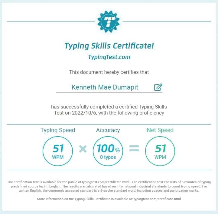 Typing Test Certificate