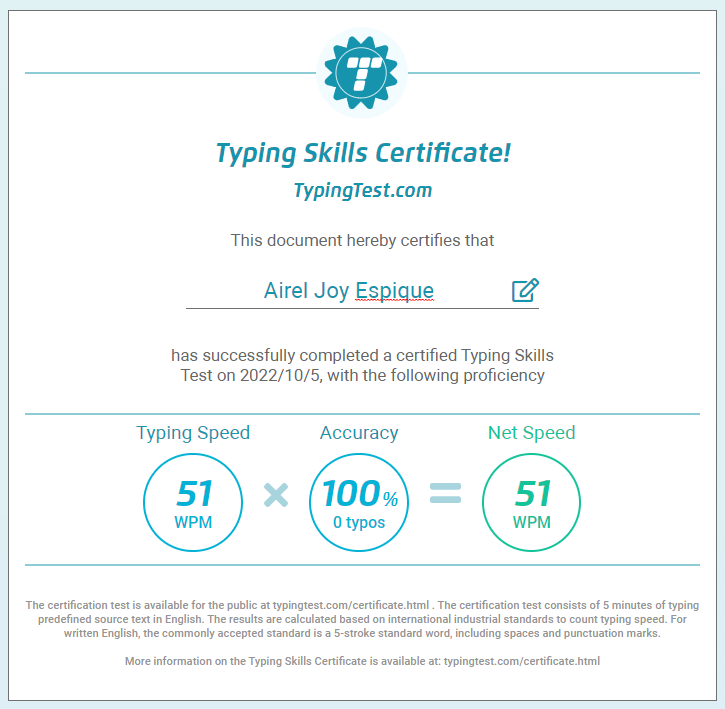 Typing skills certificate