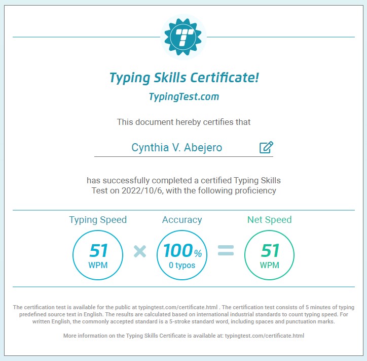 Typing Test Certificate