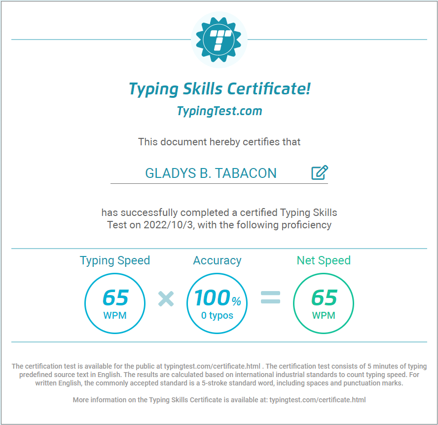 Typing Skills Certificate