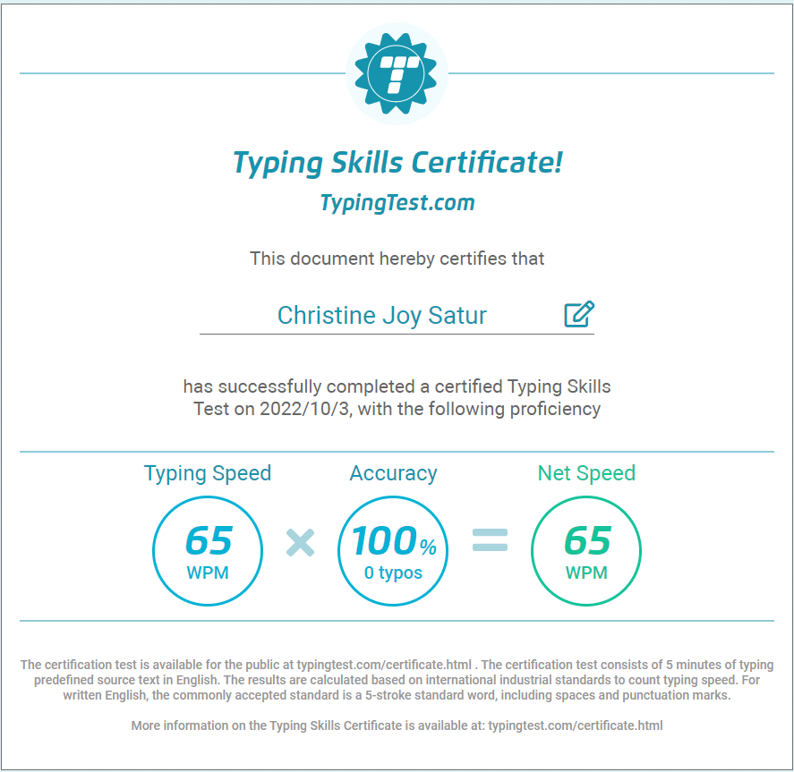 Typing Skills Test Certificate