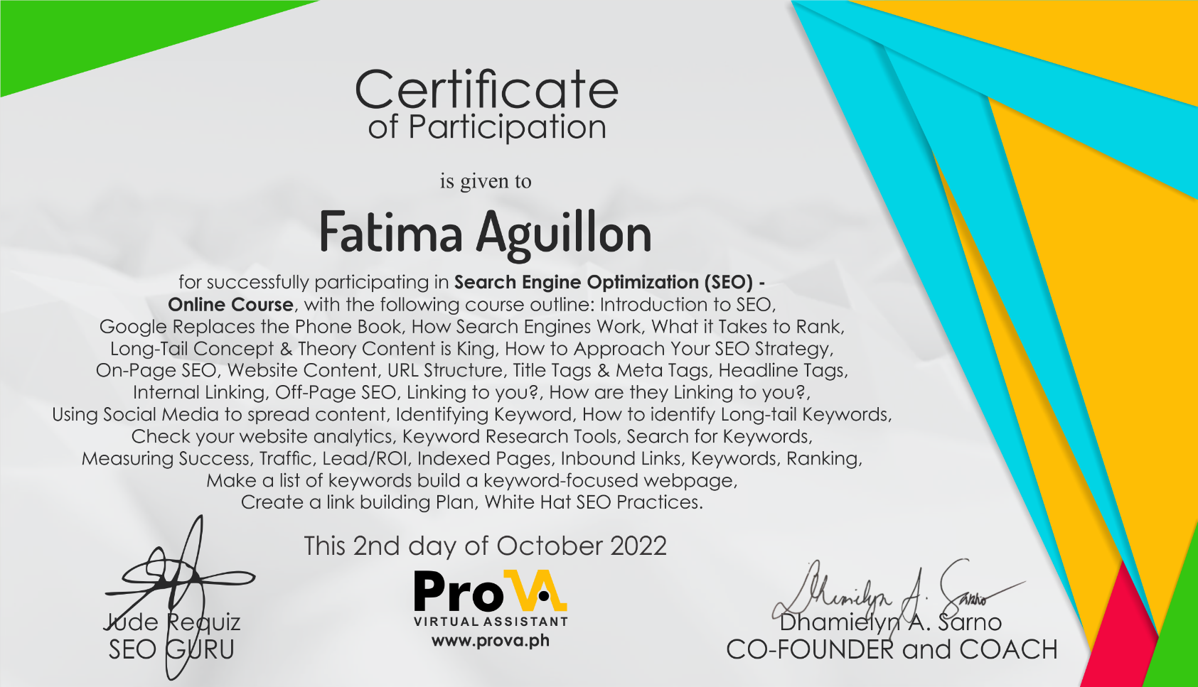 SEO Certificate from ProVA PH