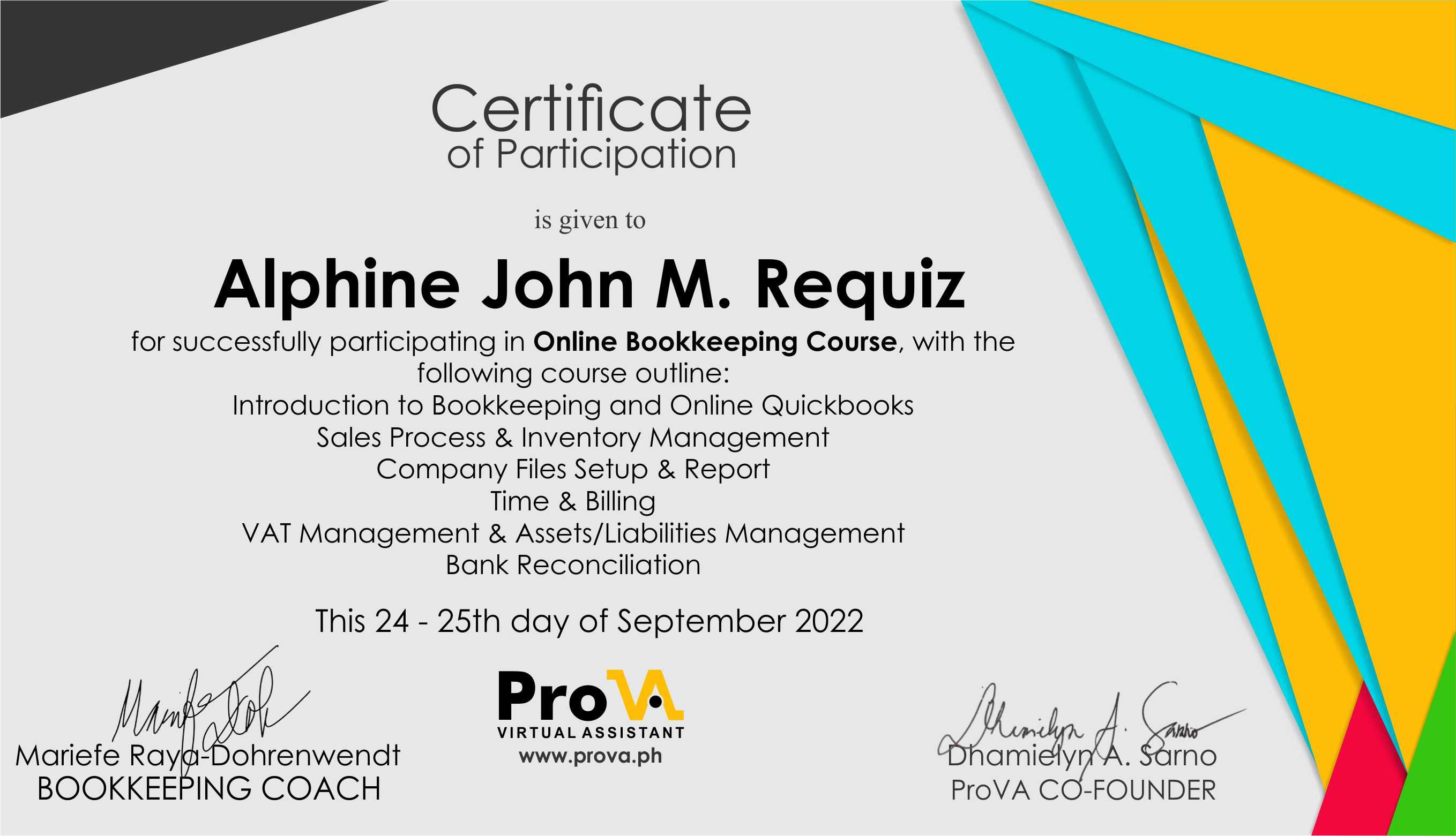 Online Bookkeeping Course Certificate