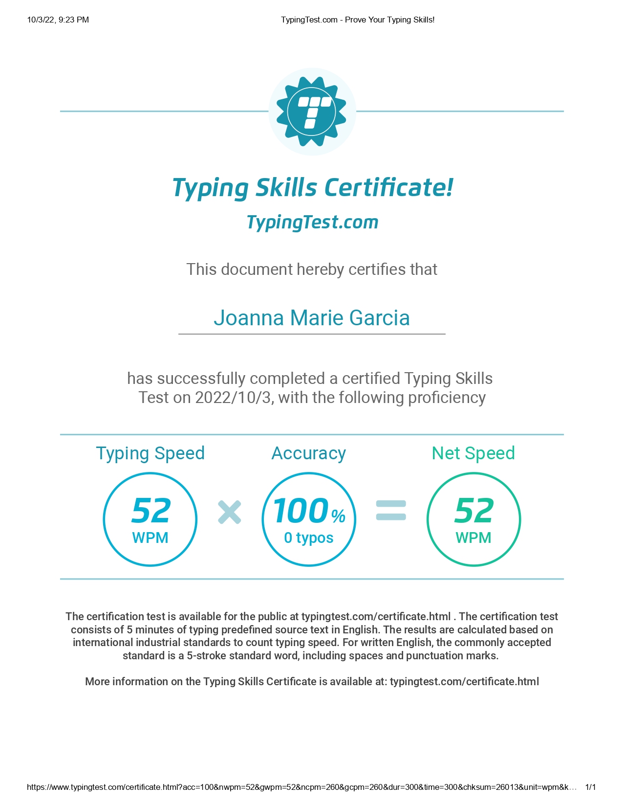 Typing Test Certificate