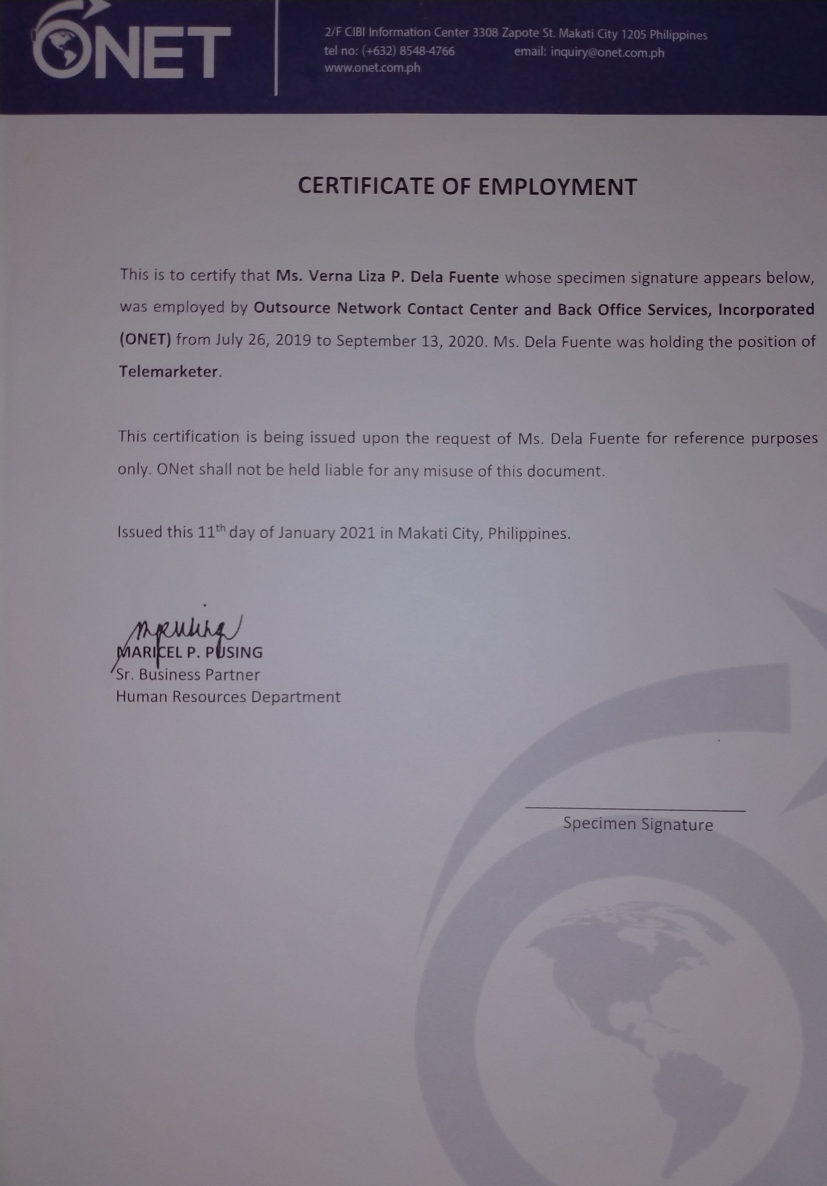 Certificate of Employment