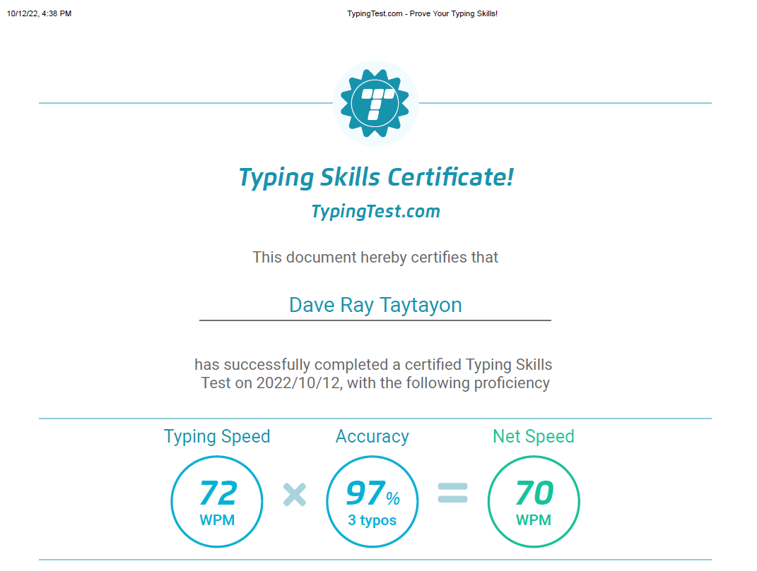 Typing Test Certificate