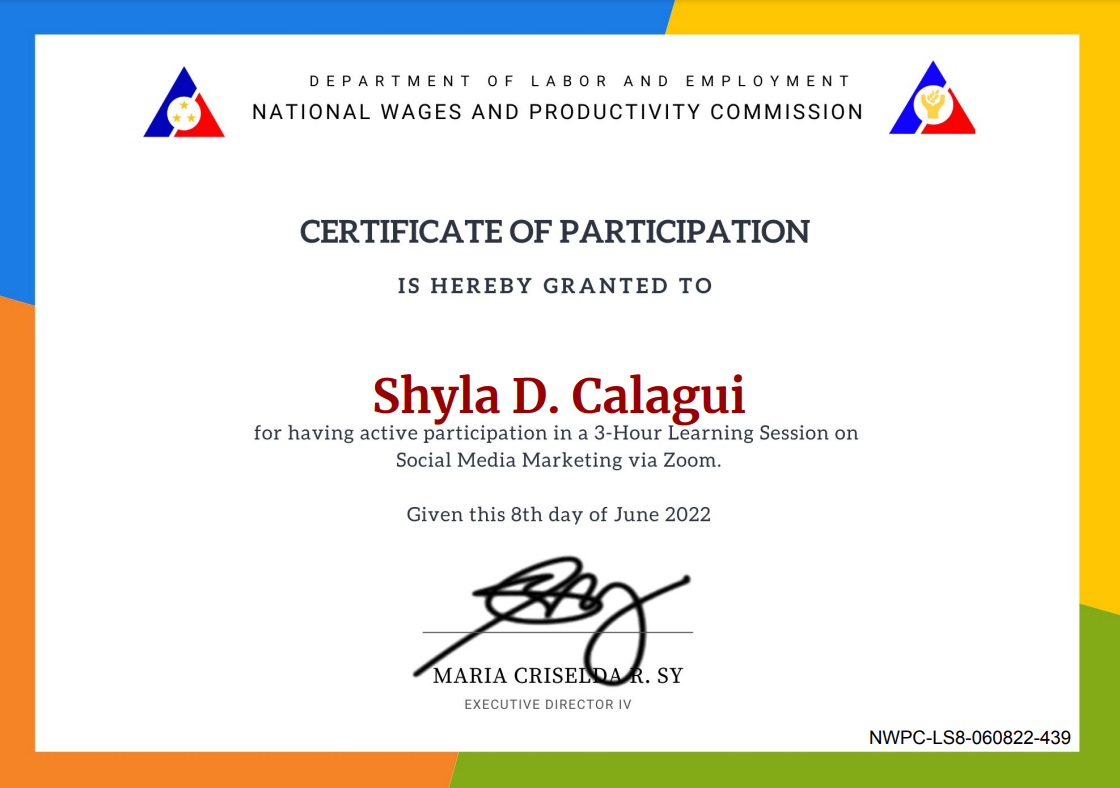 Certificate of Participation for Social Media Marketing