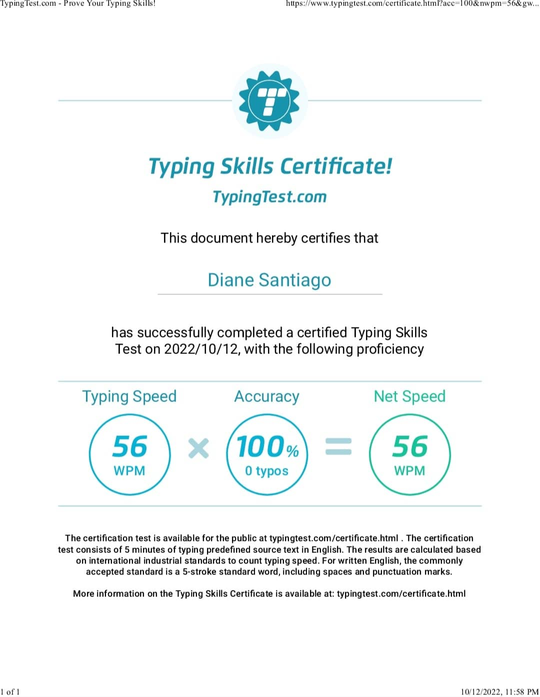 Typing Test Certificate