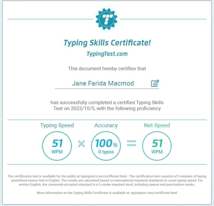 Typing Skills Certificate