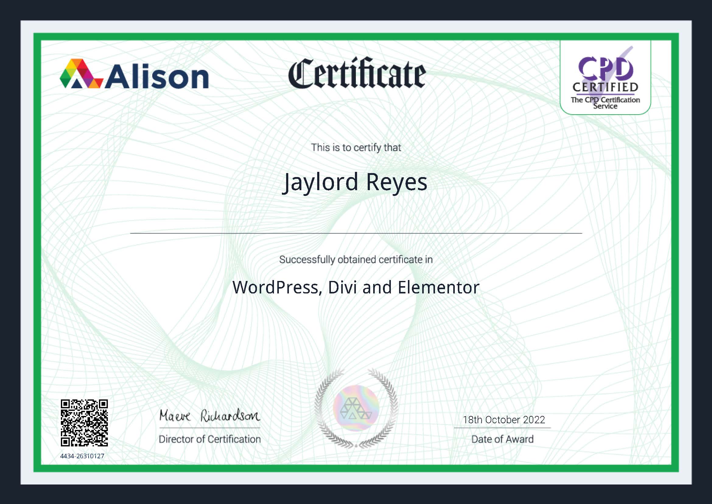 WordPress,Divi and Elementor Certificate