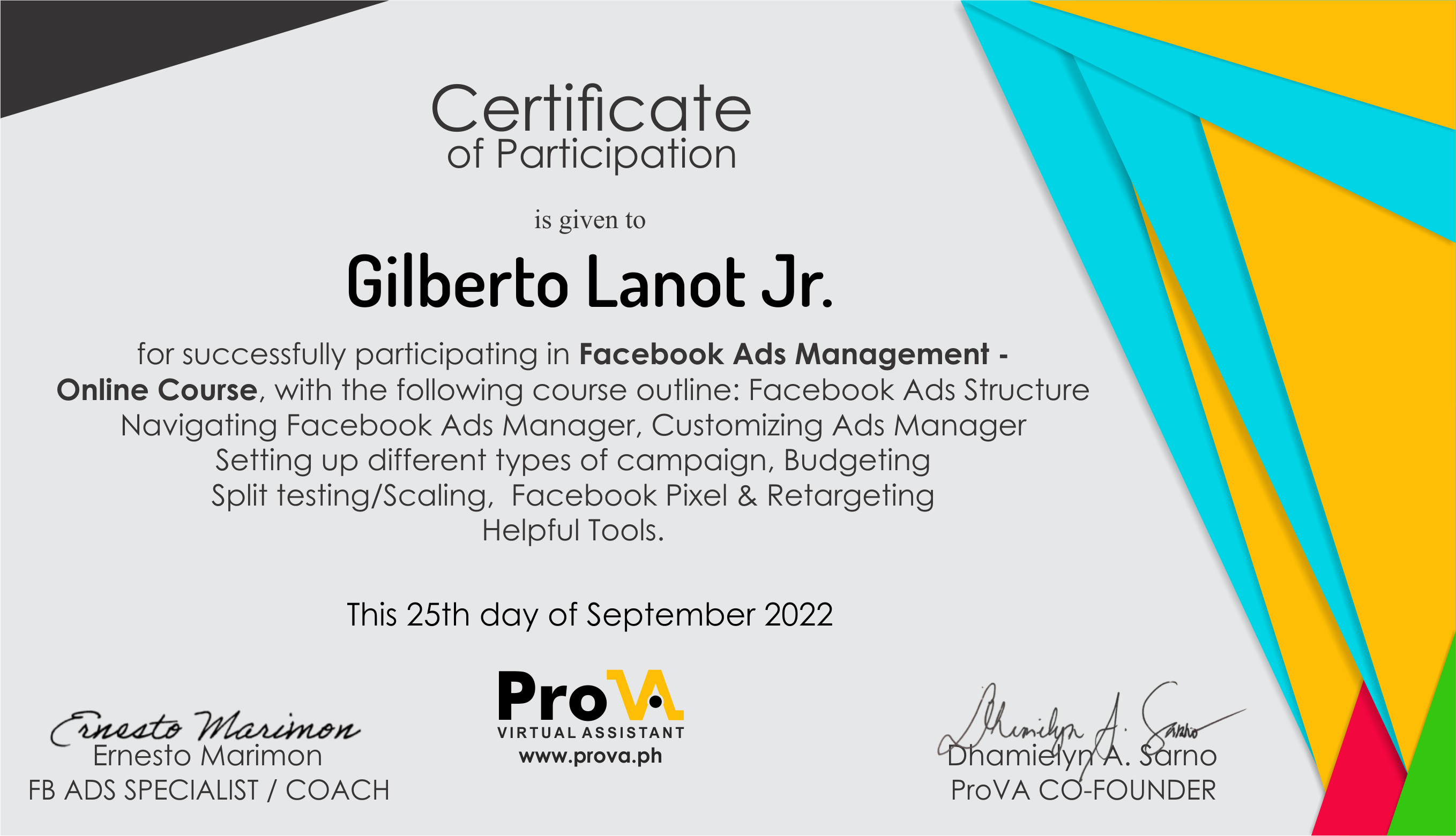 FB ADS CERTIFICATE