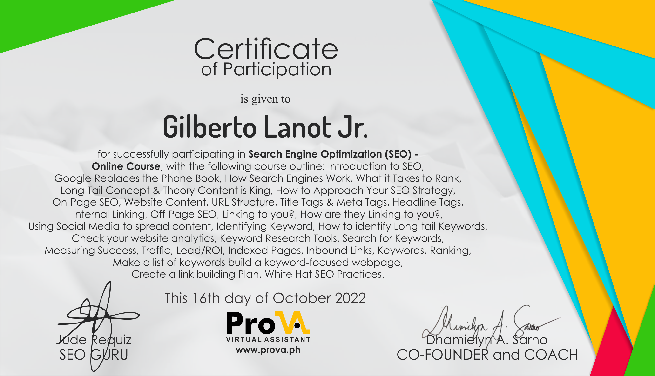 SEO TRAINING CERTIFICATE