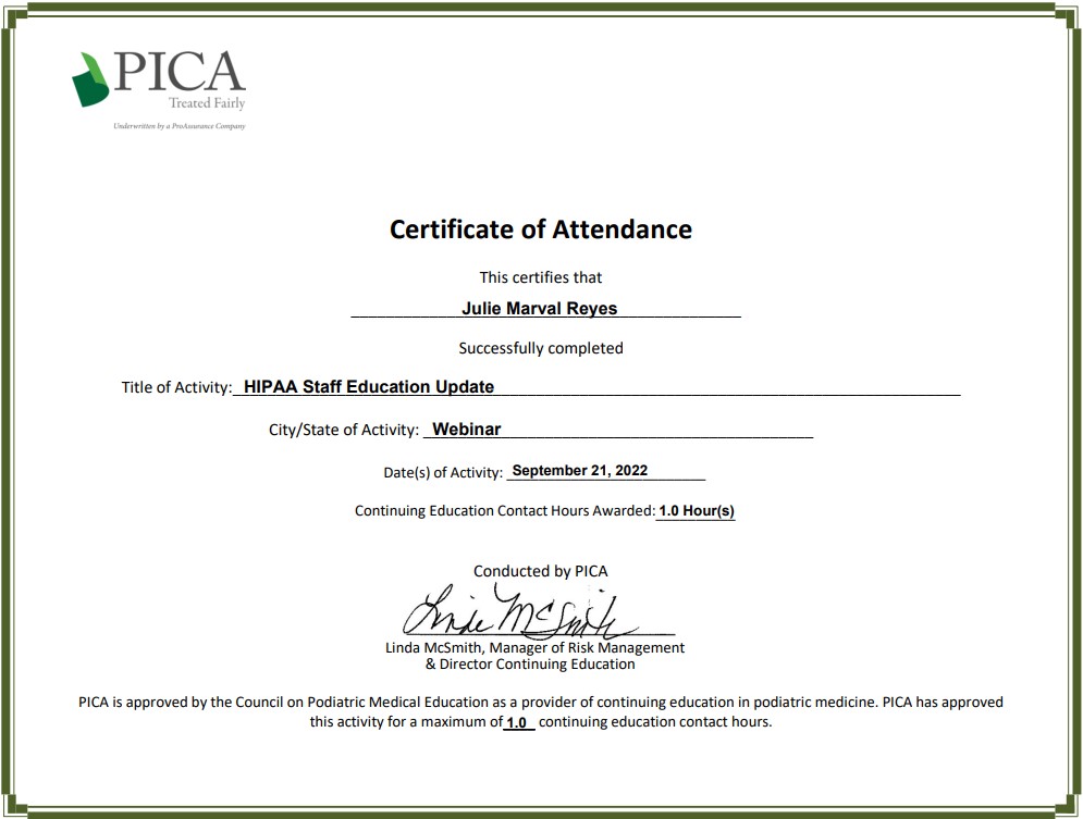 HIPAA Certificate of Attendance