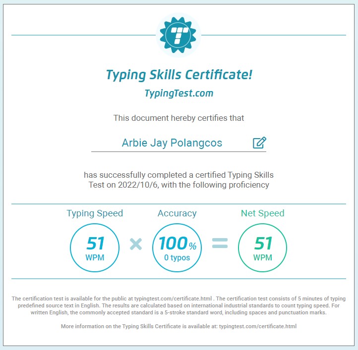 Typing Skills Certificate