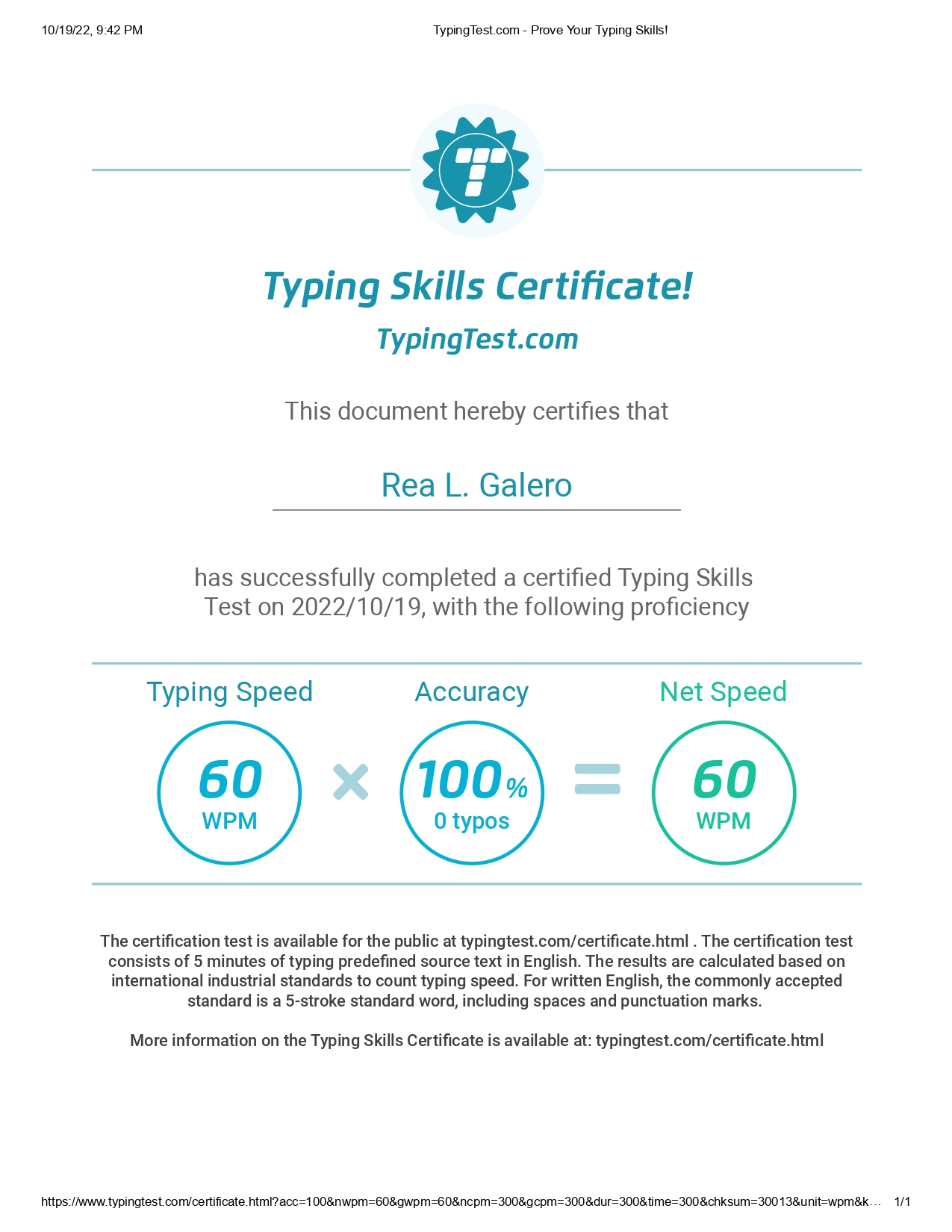 Typing Test Ceritificate