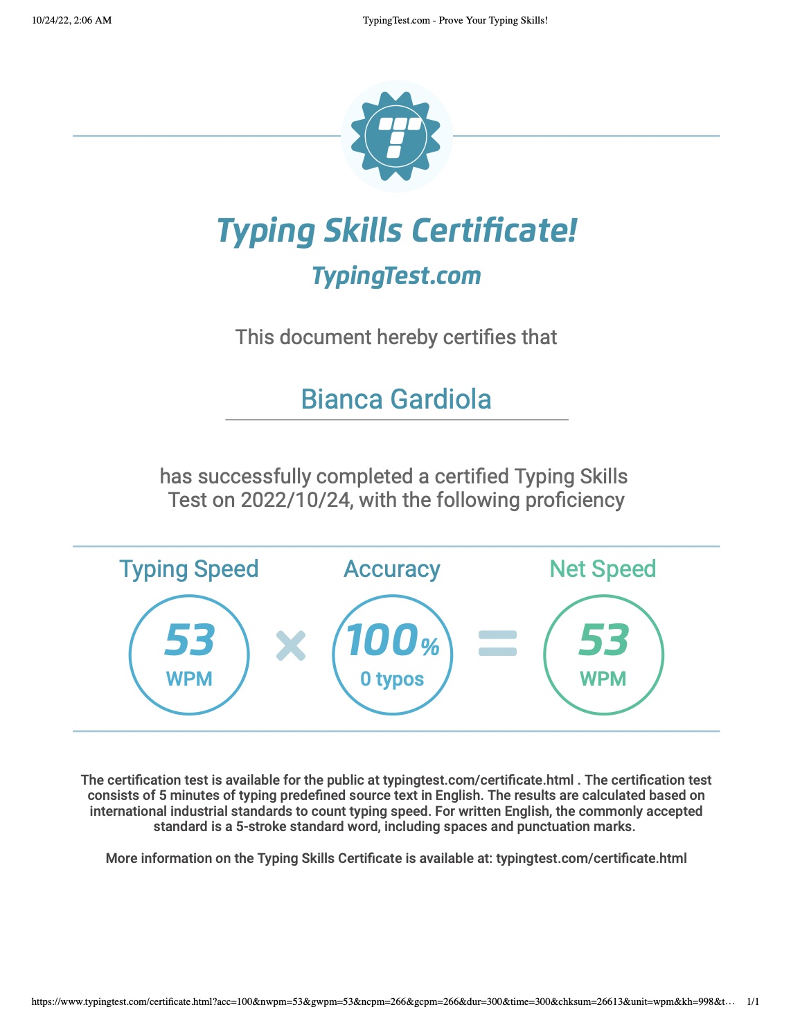 TYPING TEST CERTIFICATE