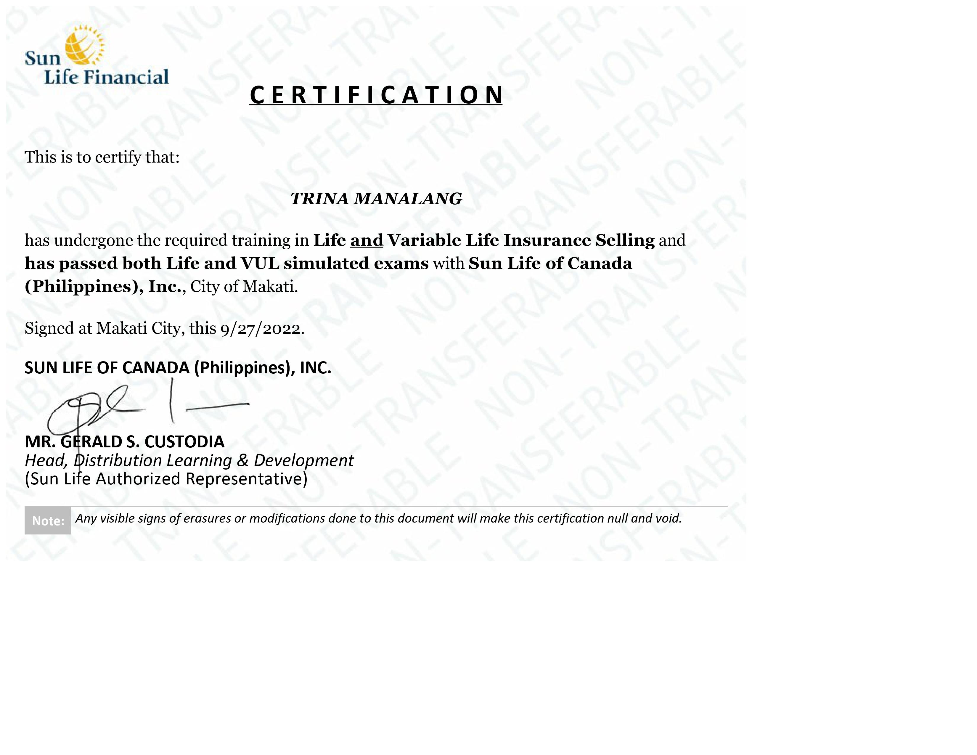 Sun Life Certification